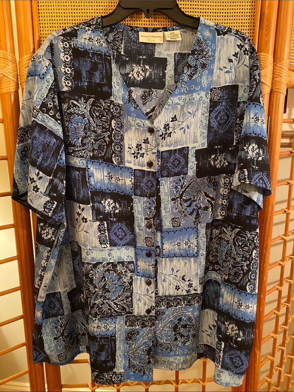 Jaclyn Smith Blue and Black Patchwork Print Button-Down Top